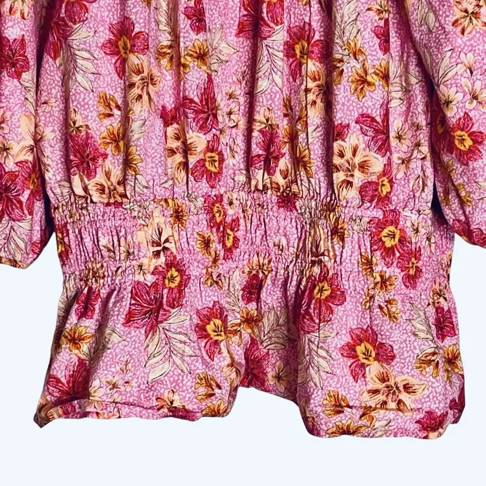 NWT LOFT Lily Blouse Top XL Gathered Waist Puff Sleeve Pink Floral Romantic $70